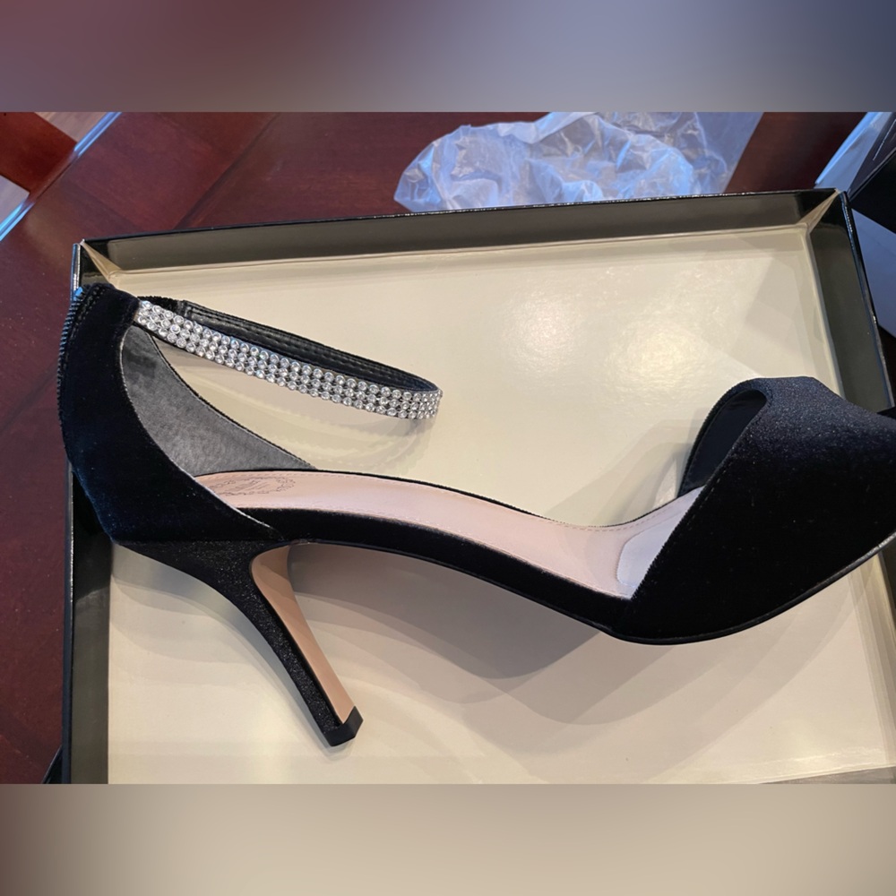 NIB - I. Miller Dressy Black Suede and Rhinestone Ankle Peep Toe Heels